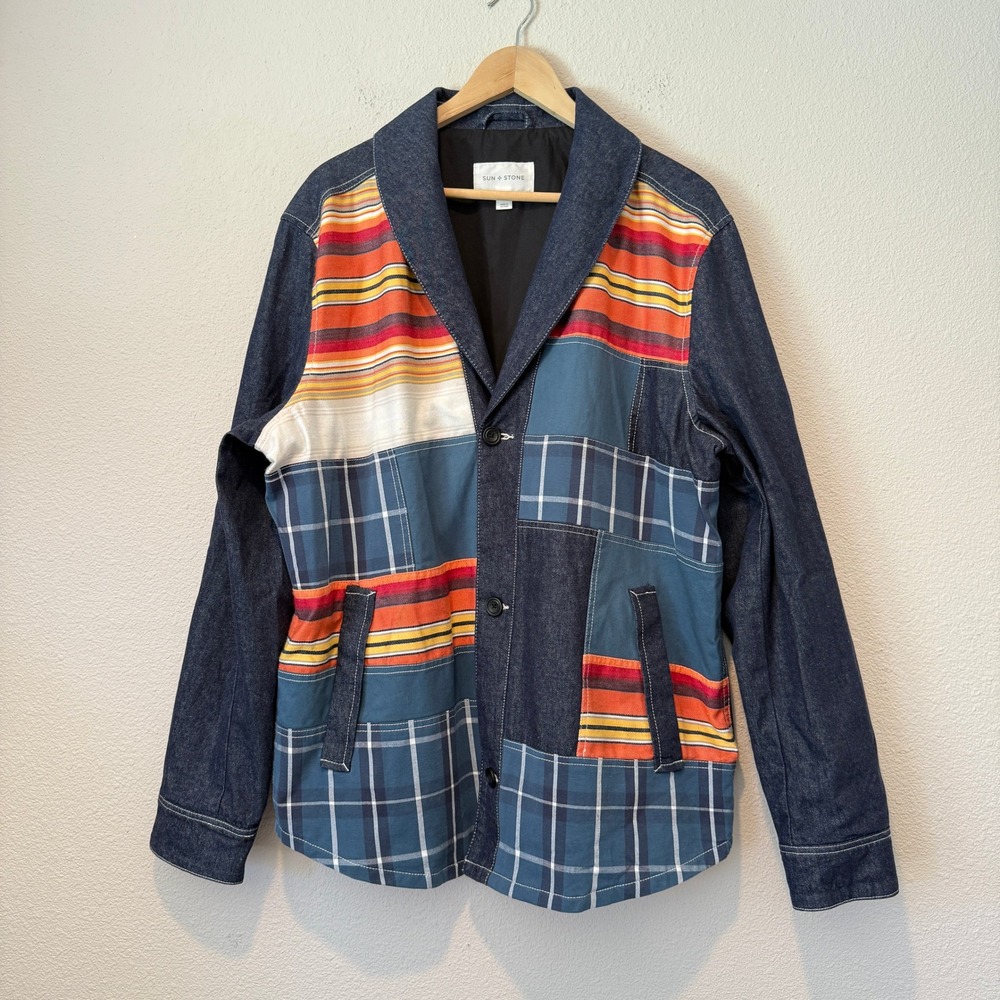 Sun + Stone Womens XL Denim Patchwork Jacket Plaid Striped Shawl Collar Blue